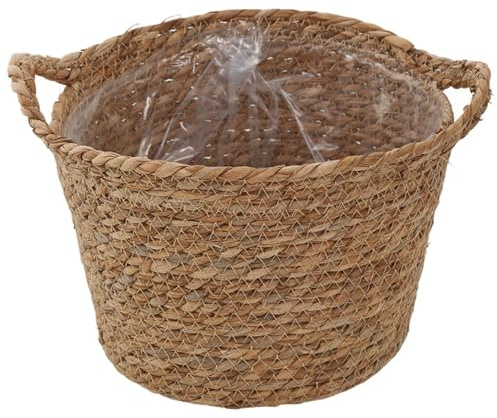 Temeemeg Panier de Couverture en Osier, Panier Rond décoratif en jonc de mer avec poignées tissées, Pot Fleurs pour Salon, Rangement sur Pied, décoration Jardin Balcon, Grand.