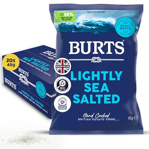 Burts Lightly Sea Salted Hand Cooked Chips - 20 x 40 g Multipack Crisps Box - Vegetarian Friendly, Gluten Free, Hydrogenated Fat Free, Lightly Salted Crisps