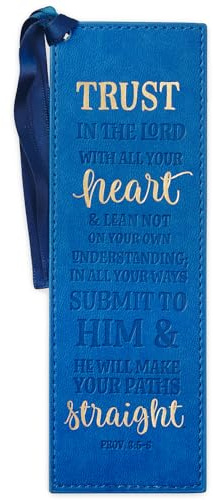 Christian Art Gifts Vegan Faux Leather Scripture Bookmark for Men: Trust In The Lord - Proverbs 3:5-6 Inspirational Bible Verse Heat-Debossed, Faith-Base Reading Book Accessory, Blue with Satin Tassel