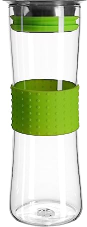 GRÄWE Glaskaraffe mit grüner Silikonmanschette, 1 Liter, Wasserkaraffe mit Deckel und Sieb aus Edelstahl, Karaffe aus Hartglas mit praktischem Griff, Wasserkrug, Glaskrug, leicht zu reinigen