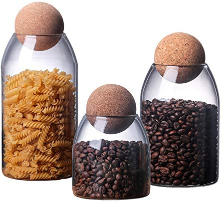 OnePine Tarros de Cristal, Tarros para Especias, Botes de Cristal con Tapa de Corcho para Conservar Té Café Azúcares Especias (Juego de 3)