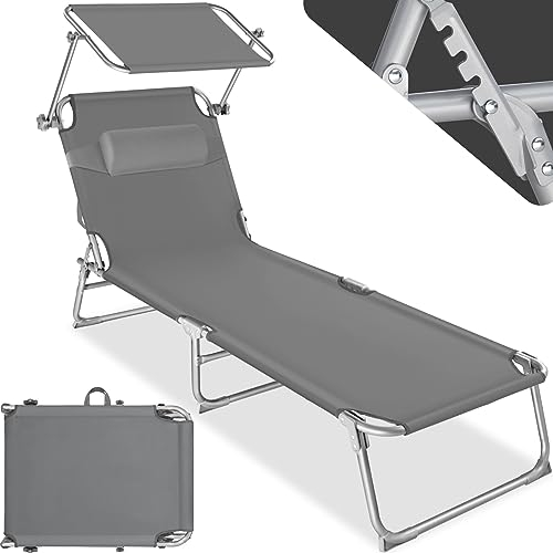 TecTake® Chaise Longue Pliante Bain de Soleil Jardin Exterieur avec Pare Soleil & Appuie-tête Chaise Longue inclinable Transat de Plage Relax Camping Salon de Jardin Exterieur - Gris