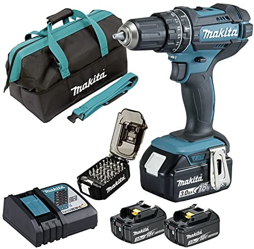 Makita DHP482RFX3 - Taladro atornillador de percusión + 3 baterías de 18 V 3 Ah Li-ION + estuche accesorios + bolsa de transporte