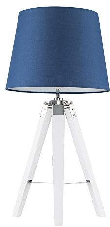 MiniSun | Modern White Wood and Silver Chrome Tripod Table Lamp with a Navy Blue Tapered Shade | Home Décor, Bedside & Desk Lamp