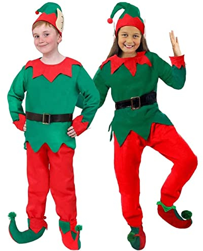 Costume da elfo per bambini – Vestito da elfi con top verde, pantaloni rossi, cappello da elfo con orecchie attaccate, cintura e stivali (X-Grande)