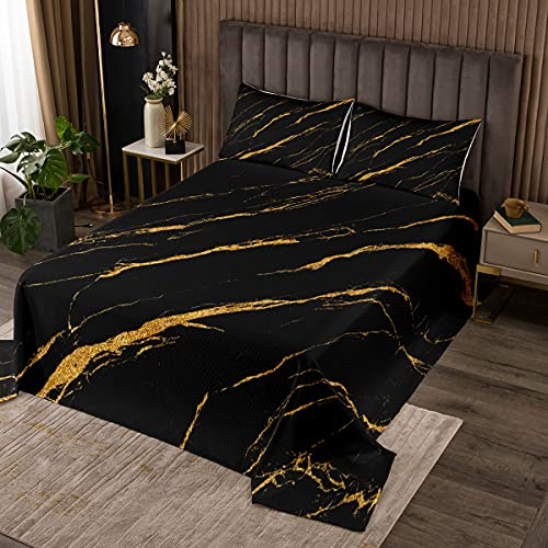 Tbrand Marmor gedruckt Tagesdecke 220x240cm Schwarz Golden Marmor Bettüberwurf Schick Modern Marble Design Steppdecke für Kinder Frauen Männer Abstrakte Kunst Mit 2 Kissenbezug