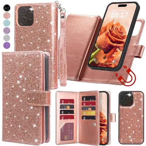 Varikke for iPhone 12 Pro Max Wallet Case Detachable with Card Holder for Women, Fashion Glitter PU Leather Strap Magnetic Flip Wallet Removable Phone Case Cover for iPhone 12 Pro Max 6.7, Rose Gold