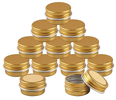 BasicPacking 50Pcs Empty Gold Round 5ml Aluminium Tin Container With EPE Lined Screw Lid Cosmetics Pots Jars with 50Pcs 20mm Labels for DIY Candle Cream Salve Storage
