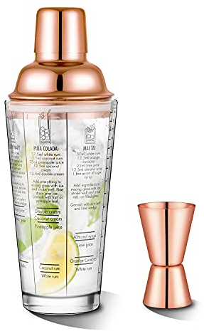 Shaker à cocktail en verre – 400 ml (414 ml) et shaker à martini en acier inoxydable avec double doseur, passoire intégrée. Échelle de mesure et recettes sur le côté du verre (or rose)