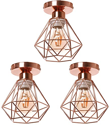 TOKIUS Retro Deckenlampe 16CM Vintage Deckenleuchte im Industrial Design Geometrisch Lampenschirm E27 Lampe aus Eisen Käfig Pendelleuchte Roségold (3 Stücke)