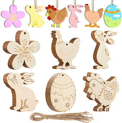 36 Stück Ostern Holzanhänger, Osterdekoration aus Holz Ostern Anhänger zum Bemalen Osterschmuck Holz zum Ornamente Aufhängen mit Juteseil, Ostereier Hase Küken
