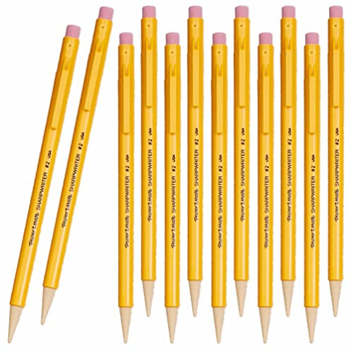 aperMate Sharpwriter Lot de 12 porte-mines avec gomme et pointe torsadée absorbant les chocs pour une faible casse en plomb HB 0,7 mm, corps jaune (emballage uni)