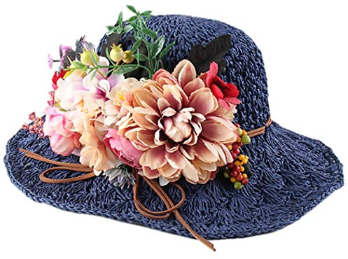 FAIRYSAN Chapeau de paille tressé en forme de fleur pour femme - Style pastoral - Chapeau de soleil d'extérieur - Grand chapeau de plage, bleu, Taille unique