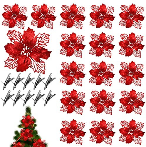 ZDQC 20 Stücke Christbaumschmuck Glitter Poinsettia,Weihnachtsschmuck Baumschmuck Künstliche Weihnachtsblumen Deko für Weihnachtsbaum Weihnachtskranz Ornamente (Rot)