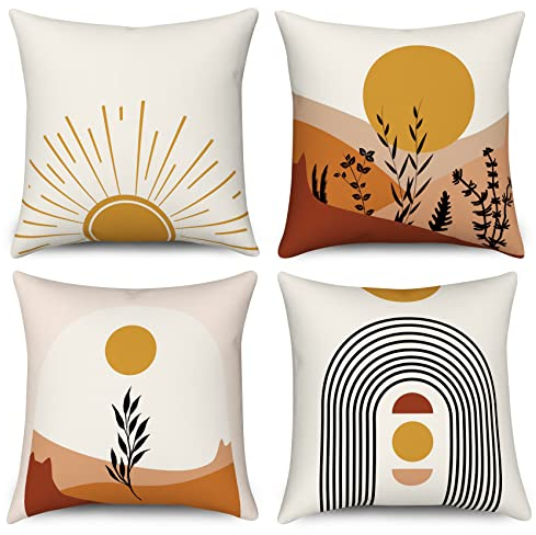 Hnmdmyi Kissenbezug Boho 50x50 4er Set, Mid Century Abstrakte Sonne Berg Blatt Regenbogen Dekorative Kissenbezüge Natur Landschaft Moderne Kunst Leinen Kissenhülle für Sofa Couch Outdoor Home Decor