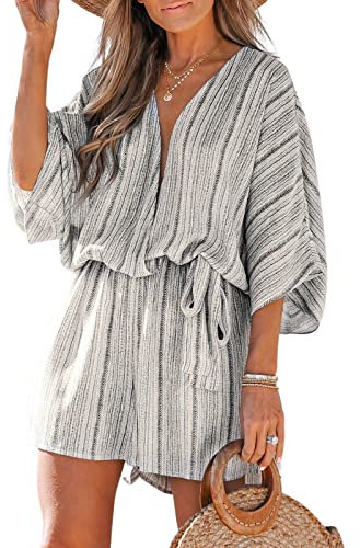 CUPSHE Women Jumpsuit V Neck Lace Up Romper Leopard Print Dolman Sleeves Short Wide Leg Casual Overall Playsuit Black Stripes M