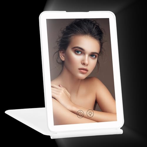 Wiederaufladbarer Spiegel mit Beleuchtung, 72 LEDs, 3 Farblichter, dimmbarer Touchscreen Schminkspiegel Kosmetikspiegel, klappbar ultraschlanker Reisespiegel mit 1000mAh Batterie Make up Mirror