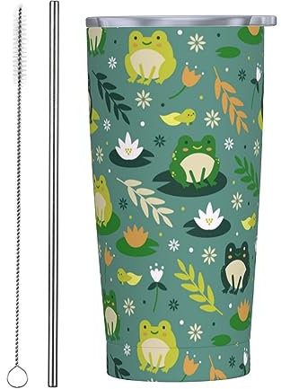 Kaireno Frogs Tumbler Green Lotus Stainless Steel Insulated Tumblers with Lid Straw Reusable Lotus Leaf Floral Coffee Travel Mug Tea Drinking Water Wine Cups Birthday Gifts for Women 20 Oz