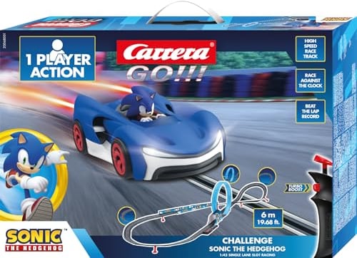 Carrera - 20068001 GO!!! Challenge Sonic Rennbahn-Set I Rennbahnen & lizensierte Slotcars | bis zu 1 Spieler | Für Kinder & Erwachsene I Slotcar Rennbahn Maßstab 1:43 im Sonic Design