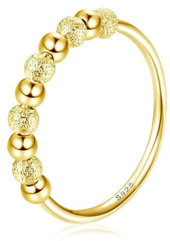 UICCVOKK Spinner Bead Ringe Anxiety Ring 925 Sterling Silber Fidget Ring gefrosteten Perlen Angstringe für Angst Zappeln Stapelring für Angst Stressband Ring Angstringe A-Gold,60(19.0))