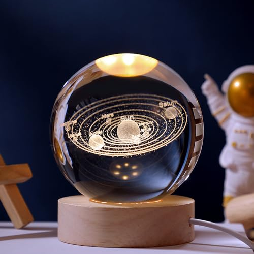GUOCHENG 3D Solar System Crystal Ball Astronomy Gifts for Kids Bedroom LED Night Lamps, The Solar System Model for Physicist Glowing Planets Snow Globe (Solar-S)