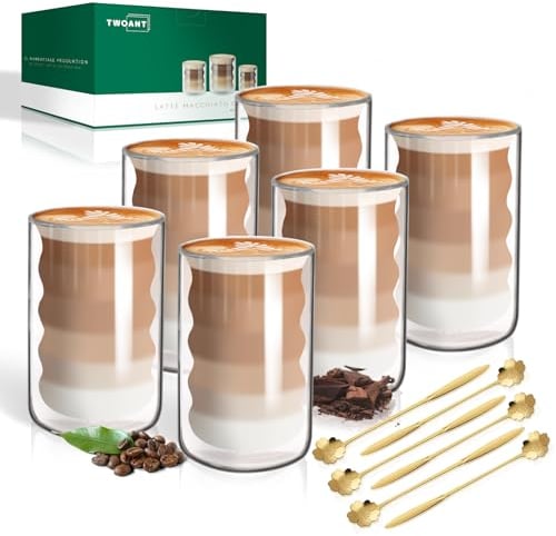 Latte Macchiato Gläser Doppelwandig 400ml 6er Pack mit 6 Löffeln Doppelwandige Kaffeegläser Cappuccino Tassen Glas Spiralförmig Thermogläser Teegläser aus Borosilikatglas