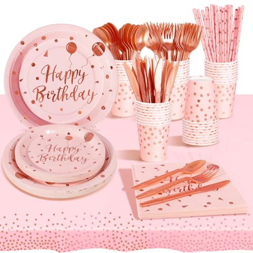 AIPartywar Party Tableware 193Pcs Pink and Rosegold Happy Birthday Theme Kids Birthday Decoration Party Accessories Set Includes Paper Plates Napkins Cups Knive Fork Spoon-24 Guests