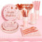 AIPartywar Party Tableware 193Pcs Pink and Rosegold Happy Birthday Theme Kids Birthday Decoration Party Accessories Set Includes Paper Plates Napkins Cups Knive Fork Spoon-24 Guests