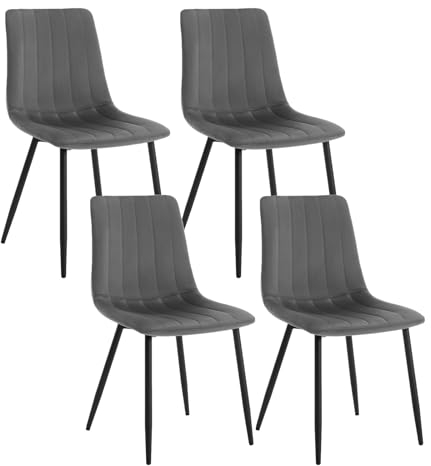 Klihome Lot de 4 Chaises de Salle à Manger, Chaise Rembourrée avec Dossier, 4 Pieds en Métal, sans Accoudoir, pour Salon, Chambre, en Velours, Gris foncé, K0006EZS-4