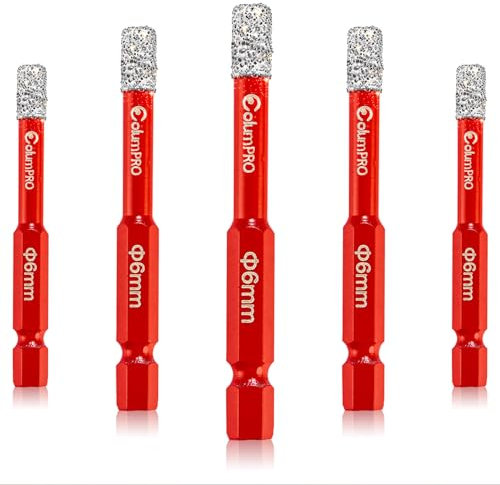 ColumPRO Porcelain Tile Drill Bits Set, 5PCS 6mm Dry Diamond Drill Bit for Granite, Ceramic, Marble Stone and Glass.