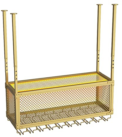PRESSLAY Hängendes Weinregal – höhenverstellbares hängendes Weinglasregal, Decken-Weinflaschenhalter mit Glashalter und Lichtern, industrielles Deckenregal für Bar, Café, Küche