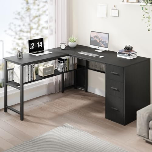 LVB Black L Shaped Desk with File Drawers, Reversible Corner Executive Computer Desk with Storage Cabinet Shelves, Modern Large Study Writing Gaming L Shape Desk Table for Home Office Bedroom, 59 Inch
