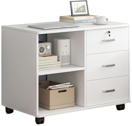 Cadciehe 3-Drawer Wood File Cabinet, Office Storage Cabinet with Mobile Lateral Filing, Printer Stand with Open Storage Shelves for Home Office - White