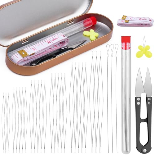 KAMAIKA Perlennadel Set, Perlennadeln zum Auffädeln von Perlen, 24 Großen Augen Perlennadeln, 3 zusammenklappbares Nadelöhr Perlennadel mit Aufbewahrungsbox für Schmuck, Armband, Halskette