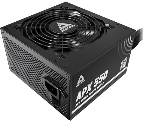 MONTECH APX 550W Fuente de alimentación no modular, 80 Plus, tecnología de convertidor Intel ATX12V-CC a CC, diseño de cable plano para mejorar la eficiencia térmica, ventilador de 120 mm, garantía de