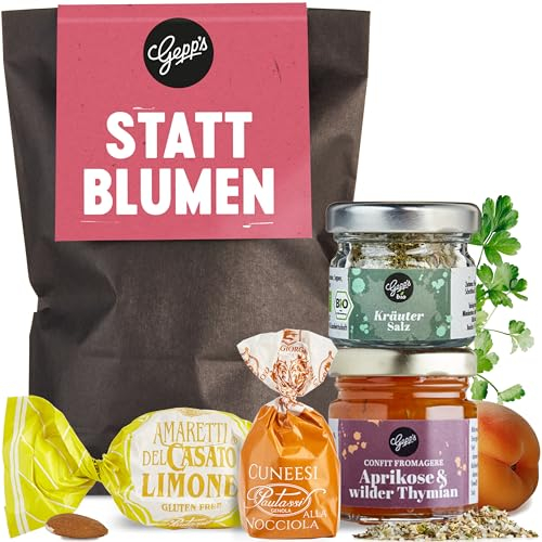 Gepp’s Feinkost Wundertüte Statt Blumen I Geschenkbox als Dankeschön, Geburtstag Mitbringsel für Kollegen I Kleines Geschenkset mit Kräutersalz, Konfitüre, Pralinen I Geschenkidee