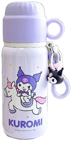 Kuromi Isolierte Wasserflasche aus Edelstahl mit Trageschlaufe (Tülle und Strohhalm), 460 ml, Violett