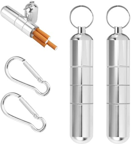 2 Stück Mini Zigarettenetui aus Aluminium, 12.5 × 2.5cm Zigarettenbox mit 2 Schlüsselanhänger, Tragbar und Wasserdichte Runde Zigaretten für Herren Frauen für Reisen Wandern Camping