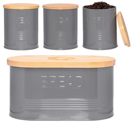Innoteck Essentials 4pc Storage Set - Round Charcoal Grey - Airtight Metal Canisters for Sugar, Coffee, Tea & Bread - Rust-Resistant and Easy to Open with Airtight Wooden Lids with Silicone Ring