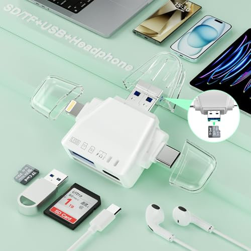 Lecteur de carte mémoire 7-IN-1 USB3.0 Lightning+USB C+USB A SD/TF/Micro SD pour iPhone 15 14 13/iPad/Android/PC/Caméra/Disque dur/Adaptateur audio pour casque Type-C/Mouse-60W charge