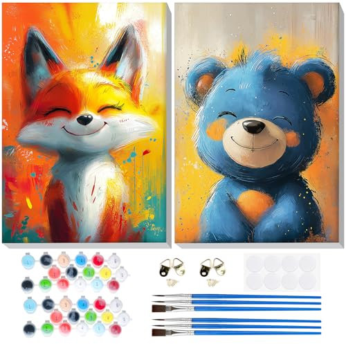 Lxmsja 2 Pièces Renard Peinture Numero Adulte Enfant avec Cadre, Ours Peinture par Numero Adulte, Numéro d'art avec Pinceaux, Loisirs Créatifs Adultes, Activité Manuelle Adulte, 20x30cm