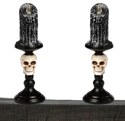 eBoutik - Set of 2 Flickering LED Halloween Skull Candles with Creepy Cloth - Warm Yellow Pillar Battery Operated Lights for Haunted House Spooky Decor Horror Party