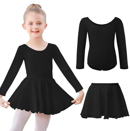 Kefiyis Ballettkleidung Mädchen Ballettkleid Langarm Ballettanzug Kinder Balletttrikot Tanzkleid Baumwolle Tanzbody mit Ballettrock Tütü Ballerina Kleid 3-11 Jahre Schwarz 130