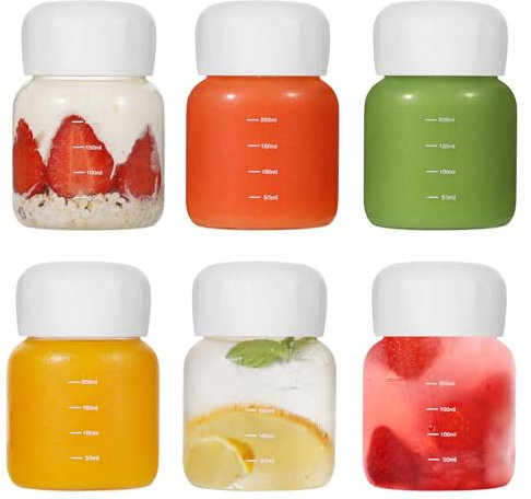 LIMIL 6pcs 300ml Glass Juice Bottles with Lids, Reusable High Borosilicate Glass Water Bottles with lanyards Wide Mouth for Milk, Hot Cold Drinks Homemade Beverages