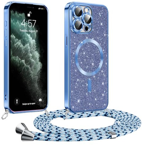 Phoona handyband Hülle für iPhone 11 Pro Max mit Band, Glitzer Handyhülle Kompatibel mit MagSafe, Ganzkörperschutz Kratzfeste Stossfest Schutzhülle mit Einstellbar Kette, Blau