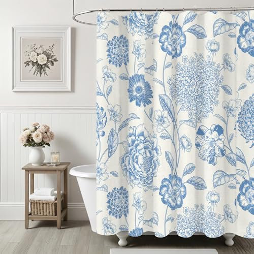 Ksriylm Hellblaue Leinen Baumwolle wasserdicht Duschvorhang,182x182cm wunderschöne Blumen Duschvorhänge für Badezimmer Dekor, schickes Stoff Tuch Blumenblätter Duschvorhang mit 12 Ringe