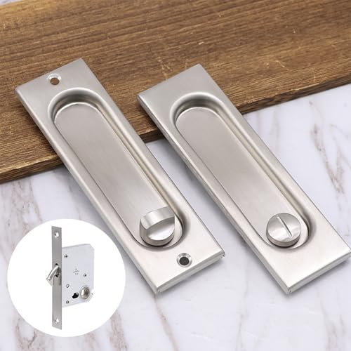 gifsin Sliding Door Lock Rectangle, 304 Stainless Steel Pocket Door Handle,for 35mm to 45mm Thickness Door,Brushed Silver