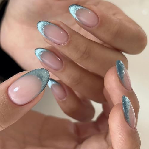 24Pcs Falsche Nägel - Blau Grün Cat Eye Press on Nails Almond - Mittel Nägel Zum Aufkleben French - Full Cover Glossy Fingernägel Zum Aufkleben Für Frauen Mädchen (Blue Green Cateye French)