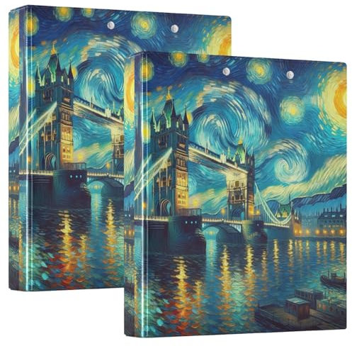 Bedrucktes Drei-Ringbuch, 3,8 cm, D-Ringbuch mit Taschen, dekorative Ordner für Schule, College oder Büro, London Bridge Starry Night