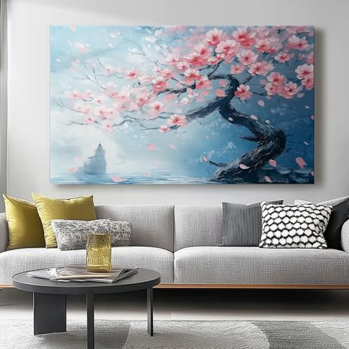 Leinwand Bilder 120L x50B cm Wanddeko Wohnzimmer Aesthetic Room Decor Deko Blumen, Kirschbäume, japanisch Zimmer Wandbilder Modern Bild auf Leinwand Moderne Kunst Rosa Blau